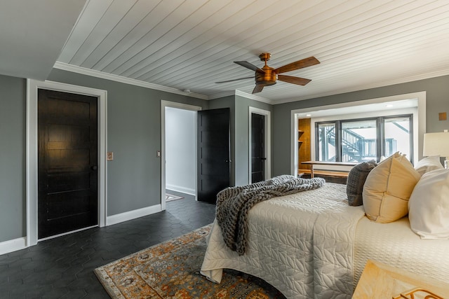 bedroom featuring crown molding, baseboards, and ceiling fan