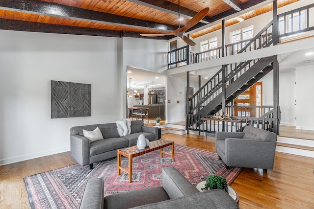 living area with stairs, wood finished floors, wooden ceiling, and baseboards