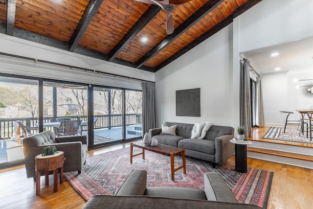 living room with high vaulted ceiling, wood finished floors, wooden ceiling, and beam ceiling