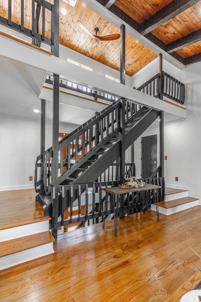 stairway with beamed ceiling, wood finished floors, and wood ceiling