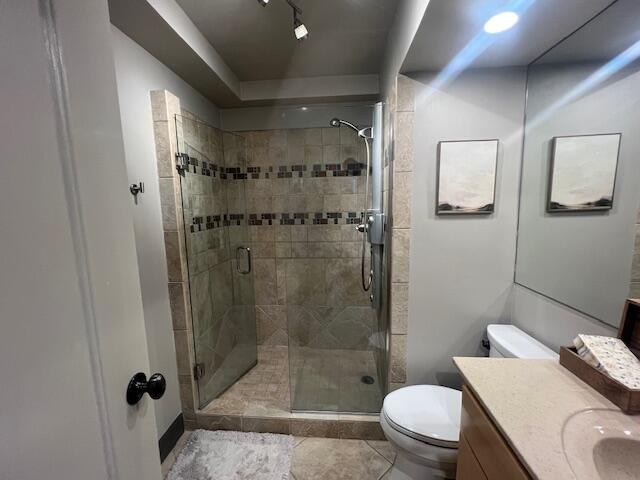 bathroom featuring vanity, track lighting, toilet, tile patterned floors, and a shower stall