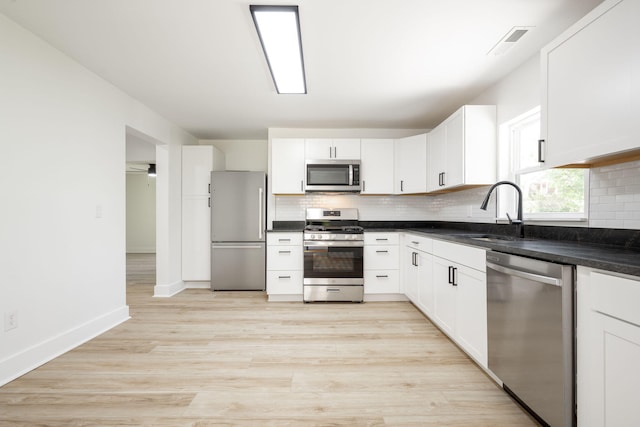 kitchen featuring visible vents, dark countertops, a sink, stainless steel appliances, and backsplash
