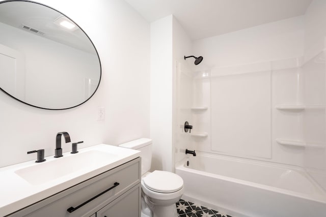 bathroom with toilet, vanity, shower / tub combination, and visible vents