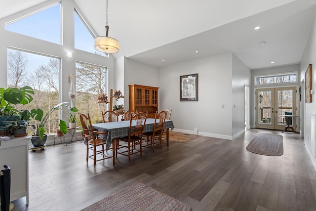 dining space with french doors, baseboards, a high ceiling, and wood finished floors