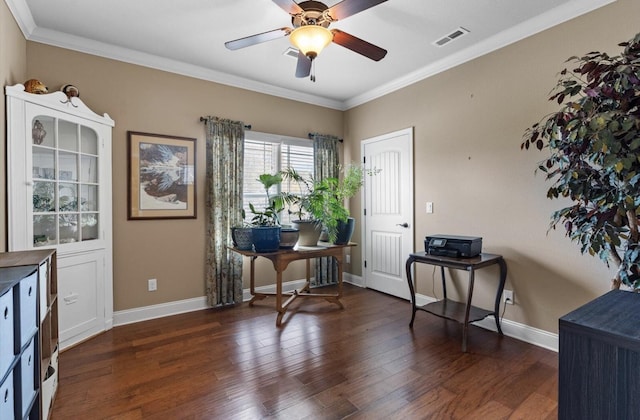 interior space featuring visible vents, crown molding, baseboards, ceiling fan, and dark wood-type flooring