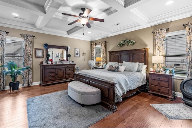 bedroom featuring coffered ceiling, wood-type flooring, baseboards, beam ceiling, and visible vents