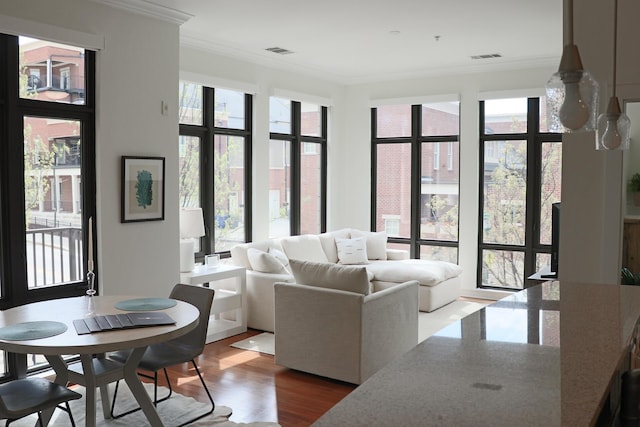 129 Walnut St # 122, Chattanooga, TN 37403 - living room with plenty of natural light, visible vents, crown molding, and wood finished floors