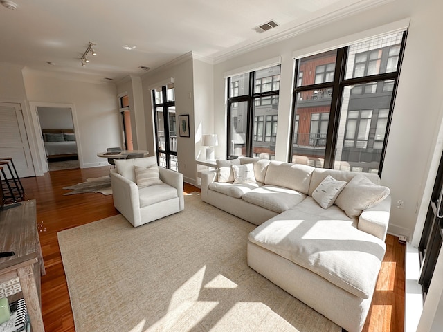 129 Walnut St # 122, Chattanooga, TN 37403 - living room with crown molding, rail lighting, visible vents, wood finished floors, and baseboards