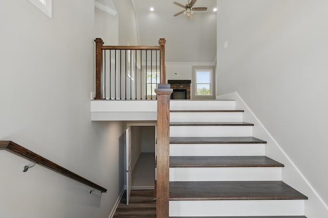 stairs featuring a towering ceiling, wood finished floors, and ceiling fan