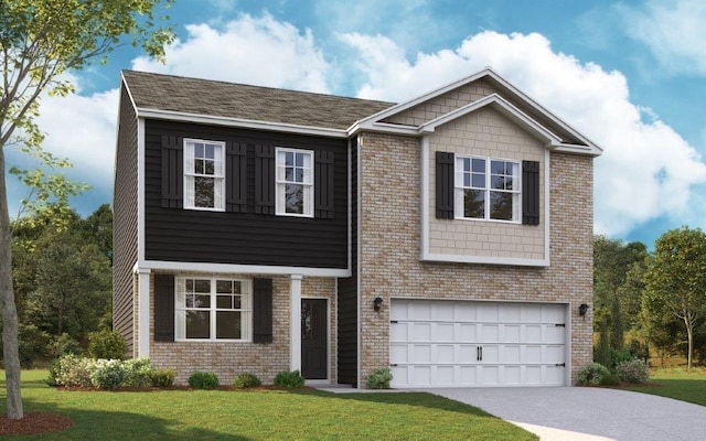 view of front of house featuring brick siding, a front yard, driveway, and a garage