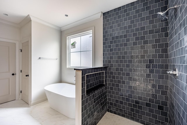 6649 Dharma Loop Unit 119, Chattanooga, TN 37412 - full bathroom featuring baseboards, a freestanding tub, a tile shower, crown molding, and marble finish floor