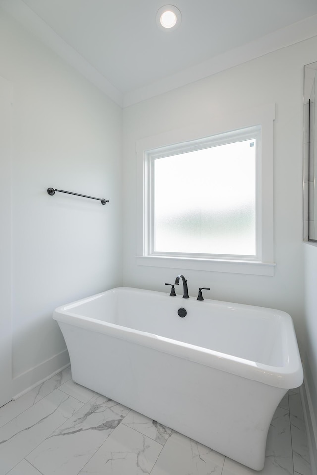 9532 N Valley Trl, Ooltewah, TN 37363 - full bath featuring marble finish flooring, a freestanding bath, baseboards, and recessed lighting