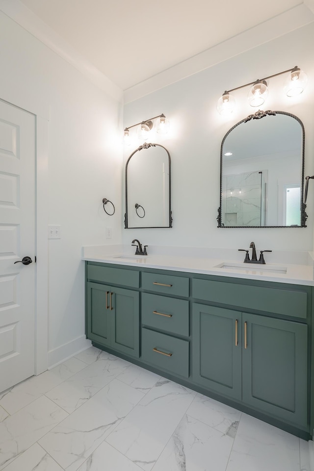 9532 N Valley Trl, Ooltewah, TN 37363 - full bathroom with marble finish floors, double vanity, a marble finish shower, and baseboards