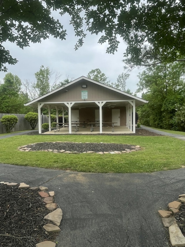 view of community featuring fence and a yard
