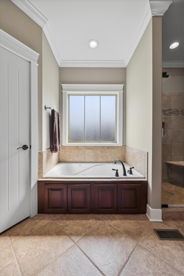 full bathroom featuring visible vents, crown molding, a tile shower, recessed lighting, and a garden tub