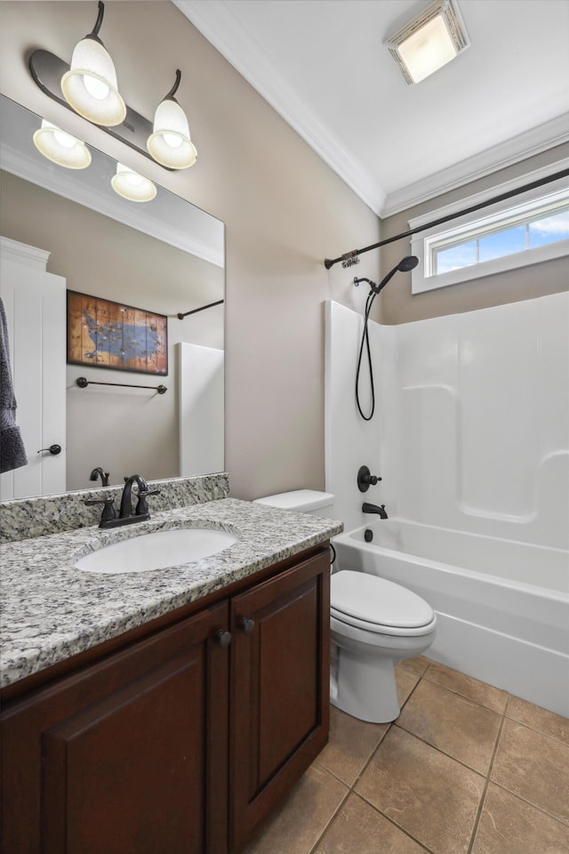 bathroom with toilet, vanity, shower / tub combination, visible vents, and ornamental molding