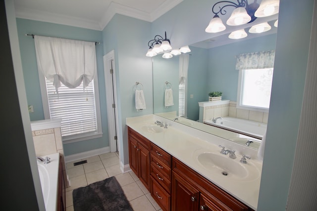 5553 Jonquil Ln, Ooltewah, TN 37363 - full bath with double vanity, a garden tub, a chandelier, tile patterned flooring, and crown molding