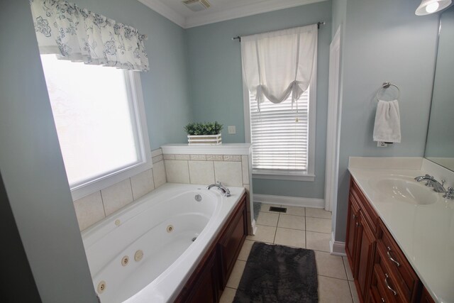 5553 Jonquil Ln, Ooltewah, TN 37363 - bathroom featuring vanity, a tub with jets, plenty of natural light, tile patterned flooring, and ornamental molding