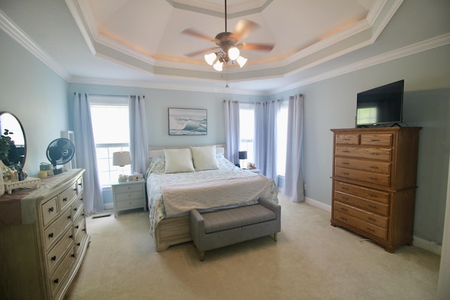 5553 Jonquil Ln, Ooltewah, TN 37363 - bedroom featuring a raised ceiling, light carpet, ornamental molding, and ceiling fan