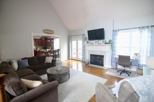 5553 Jonquil Ln, Ooltewah, TN 37363 - living room featuring high vaulted ceiling, light wood-type flooring, and a fireplace