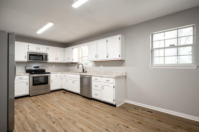 kitchen with white cabinetry, a sink, stainless steel appliances, and visible vents