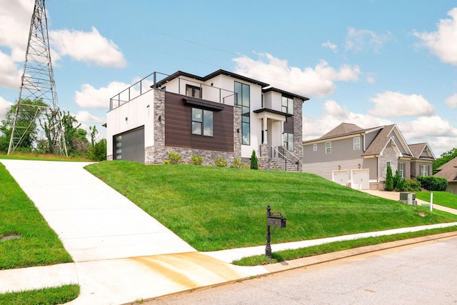 3354 Hawks Creek Dr, Apison, TN 37302 - contemporary house featuring stone siding, driveway, a garage, and a front yard
