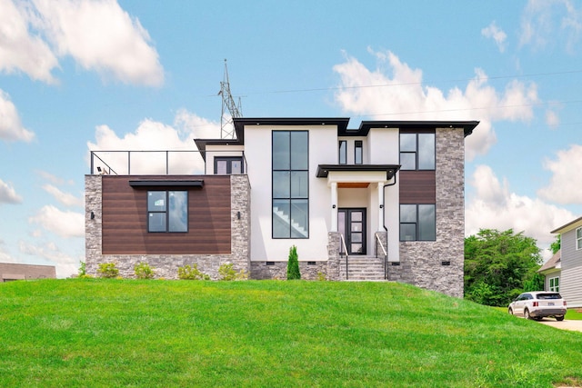 3354 Hawks Creek Dr, Apison, TN 37302 - modern home featuring stone siding, crawl space, a front yard, and stucco siding