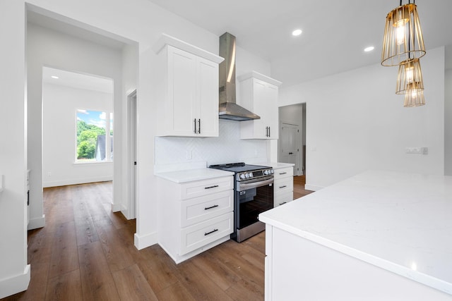 3354 Hawks Creek Dr, Apison, TN 37302 - kitchen with stainless steel range with electric cooktop, wall chimney exhaust hood, dark wood-type flooring, backsplash, and recessed lighting