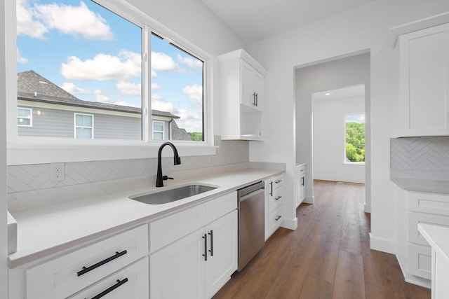 3354 Hawks Creek Dr, Apison, TN 37302 - kitchen with dishwasher, backsplash, white cabinetry, dark wood-style flooring, and light countertops