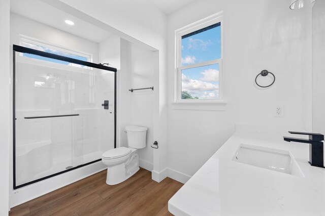 3354 Hawks Creek Dr, Apison, TN 37302 - bathroom with a shower stall, wood finished floors, double vanity, and recessed lighting