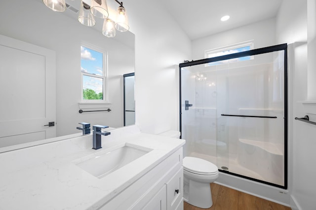 3354 Hawks Creek Dr, Apison, TN 37302 - full bath with wood finished floors, a shower stall, vanity, and healthy amount of natural light