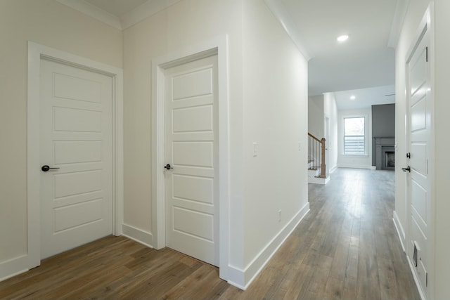5735 Acadia Dr, Chattanooga, TN 37415 - hallway featuring recessed lighting, stairs, ornamental molding, and wood finished floors