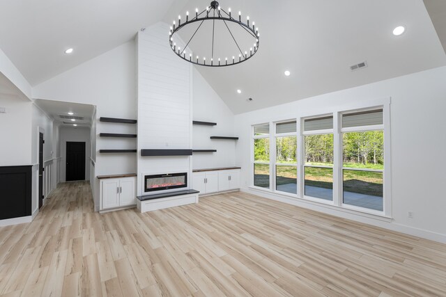 337 Hunter Trl, Trenton, GA 30752 - unfurnished living room featuring high vaulted ceiling, a large fireplace, visible vents, and light wood-style flooring