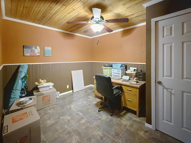 1319 Jacobs Ave, Bridgeport, AL 35740 - office space featuring wooden walls, ceiling fan, a wainscoted wall, wooden ceiling, and ornamental molding