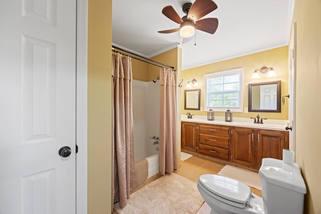 full bath with toilet, ornamental molding, a sink, and tile patterned flooring