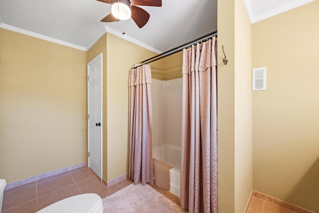 full bath featuring ornamental molding, a ceiling fan, toilet, shower / tub combo, and tile patterned floors