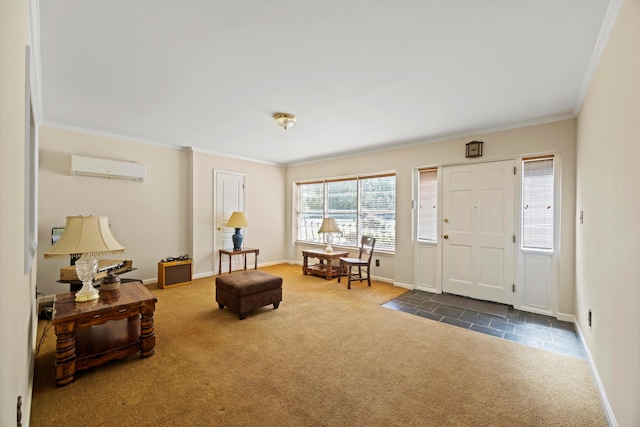 foyer entrance with baseboards, carpet flooring, an AC wall unit, and ornamental molding