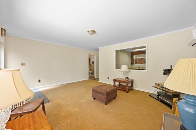 living area with crown molding, baseboards, and carpet