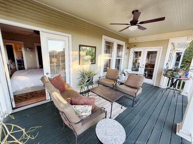 212 Jarnigan Ave, Chattanooga, TN 37405 - wooden deck featuring an outdoor living space, ceiling fan, and french doors