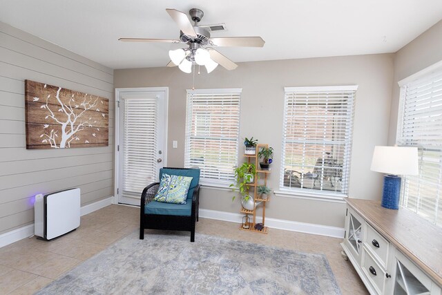 1903 Applebrook Dr, Rossville, GA 30741 - sitting room featuring light tile patterned floors, visible vents, wood walls, and a ceiling fan