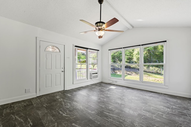 9027 Wooten Rd, Chattanooga, TN 37416 - interior space with a ceiling fan, vaulted ceiling with beams, cooling unit, baseboards, and a textured ceiling