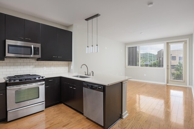 200 Manufacturers Rd Apt 428, Chattanooga, TN 37405 - kitchen featuring stainless steel appliances, dark cabinets, a sink, and light wood finished floors