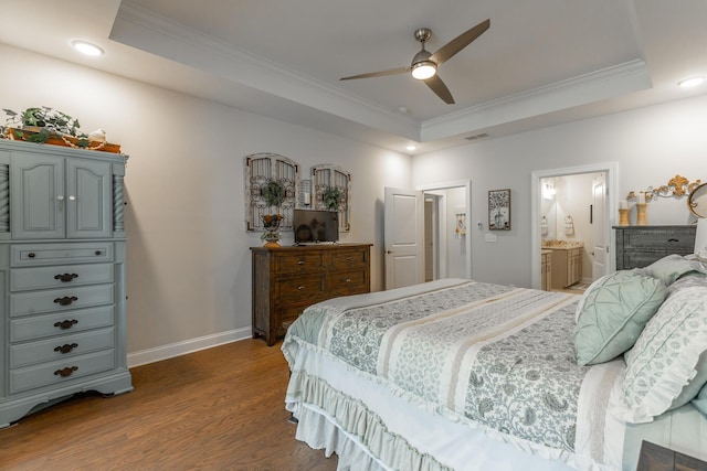 971 Jackson Mill Dr, Hixson, TN 37343 - bedroom featuring dark wood-style flooring, baseboards, crown molding, and a raised ceiling