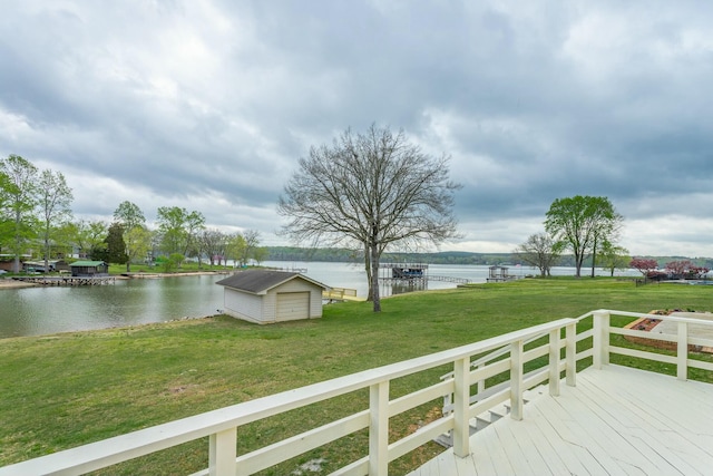 2041 Linwood Cir, Soddy Daisy, TN 37379 - wooden deck with an outbuilding, a lawn, and a water view
