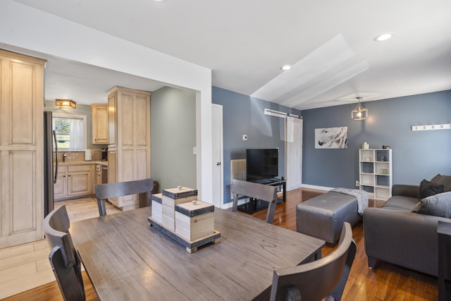 811 Snow St, Chattanooga, TN 37405 - dining area with light wood-type flooring, recessed lighting, and a barn door