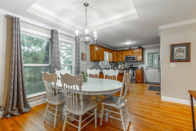 901 Haggard Rd, Ringgold, GA 30736 - dining space featuring a chandelier, ornamental molding, a raised ceiling, and light wood-style flooring