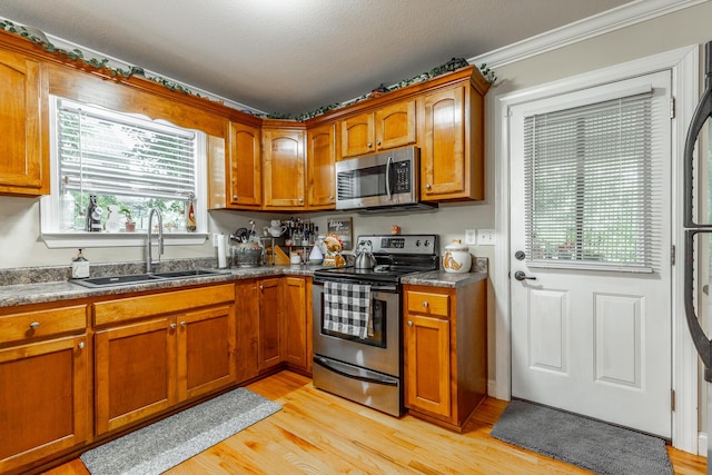 901 Haggard Rd, Ringgold, GA 30736 - kitchen with stainless steel appliances, brown cabinets, light wood finished floors, ornamental molding, and dark countertops