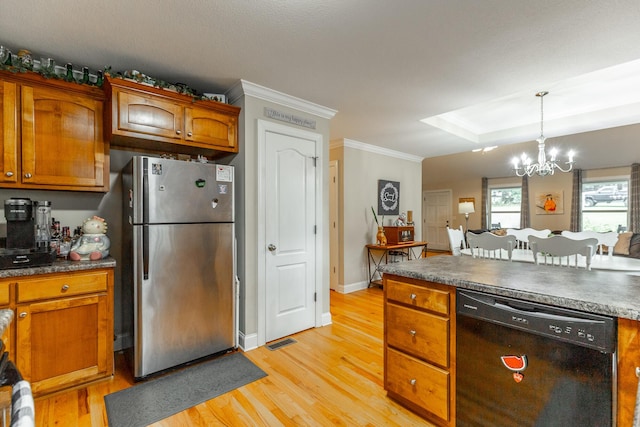 901 Haggard Rd, Ringgold, GA 30736 - kitchen featuring dishwasher, freestanding refrigerator, a chandelier, light wood-style flooring, and crown molding