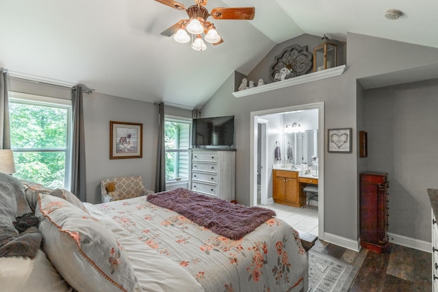 901 Haggard Rd, Ringgold, GA 30736 - bedroom with vaulted ceiling, wood finished floors, ceiling fan, and connected bathroom