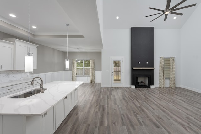 kitchen with a raised ceiling, a sink, ceiling fan, white cabinetry, and wood finished floors